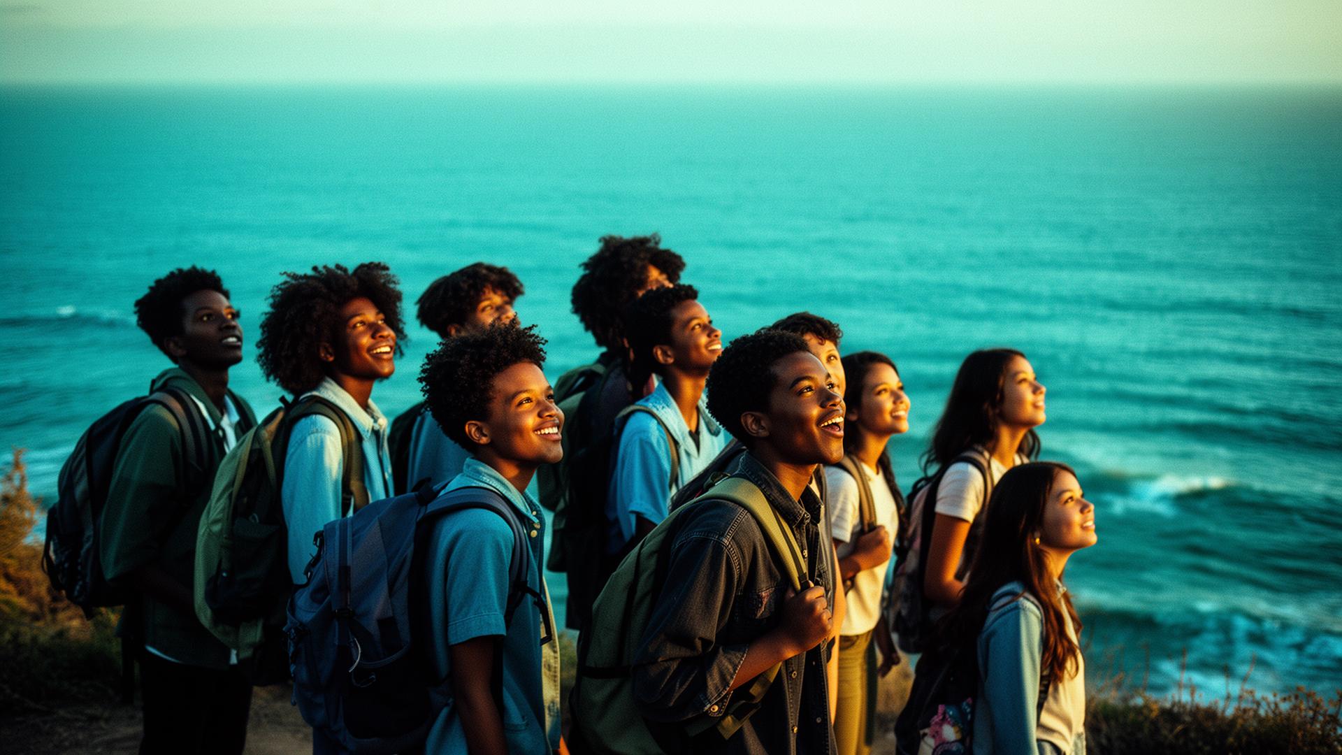 Young students gazing across a vast landscape at golden hour