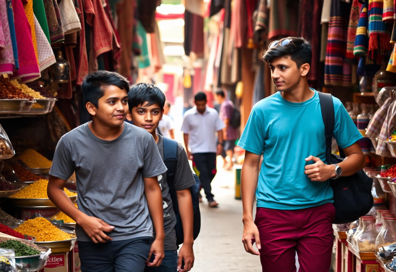 Students walking through a vibrant market on a school exchange trip