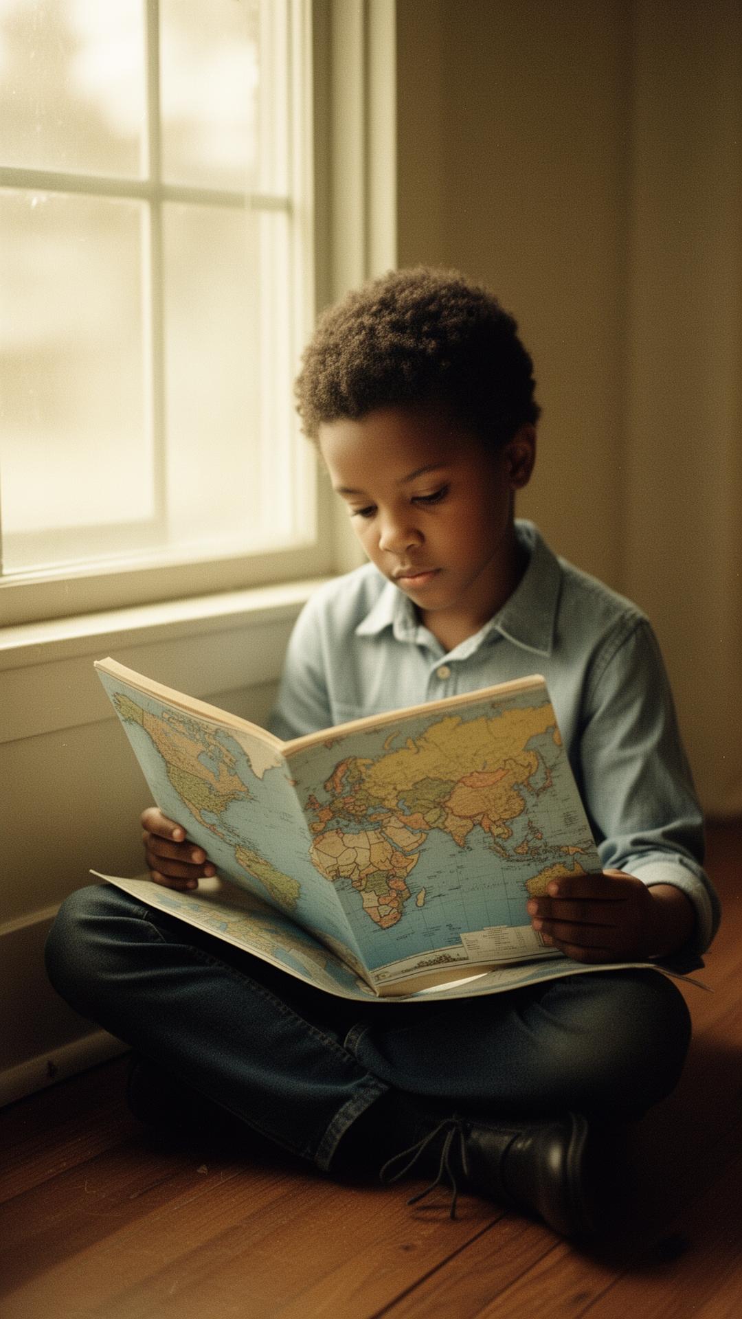 A child holding an open atlas, dreaming of distant places